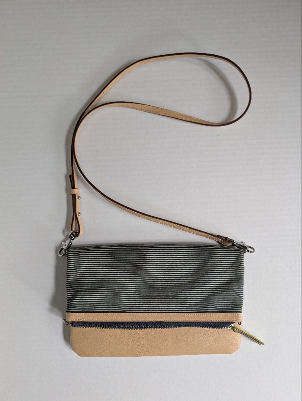 Stella and Dot Striped Canvas & Tan Leather Crossbody Bag